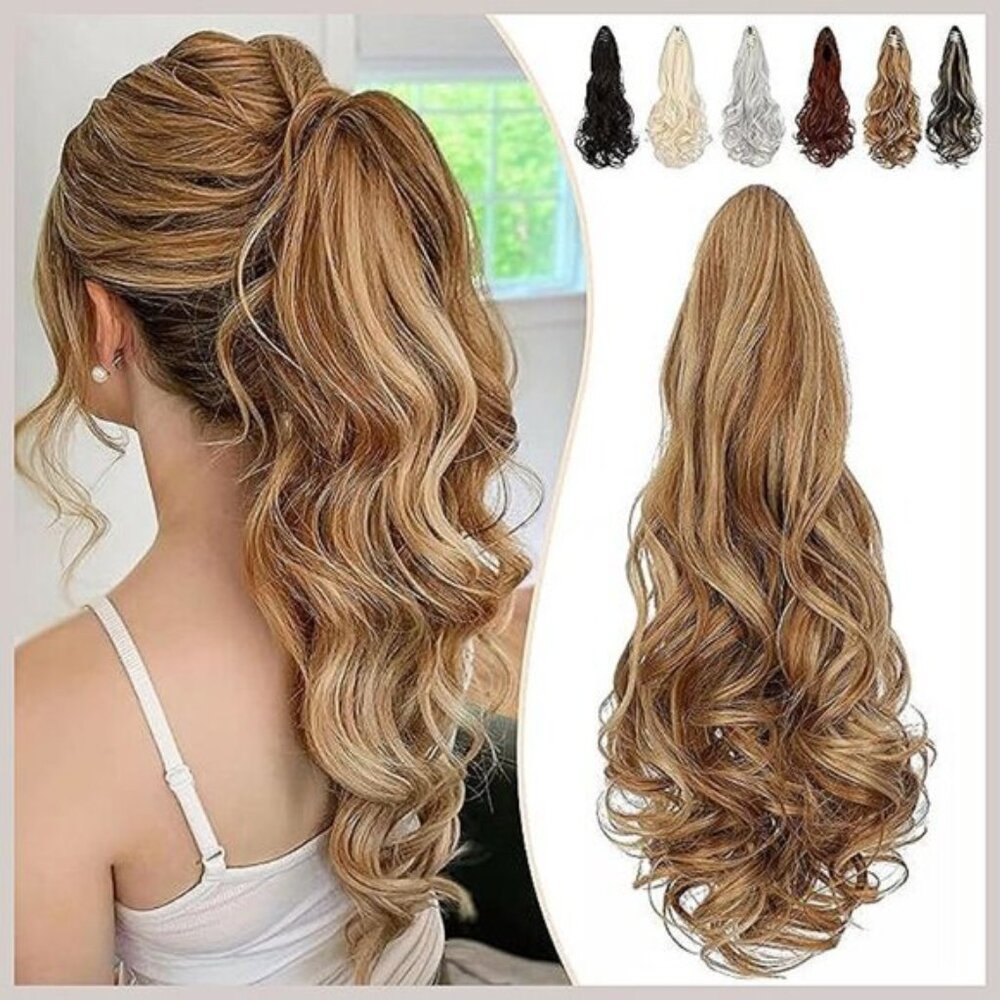 Ponytail Extension, 18" Claw Clip in Blonde mix Ginger Brown